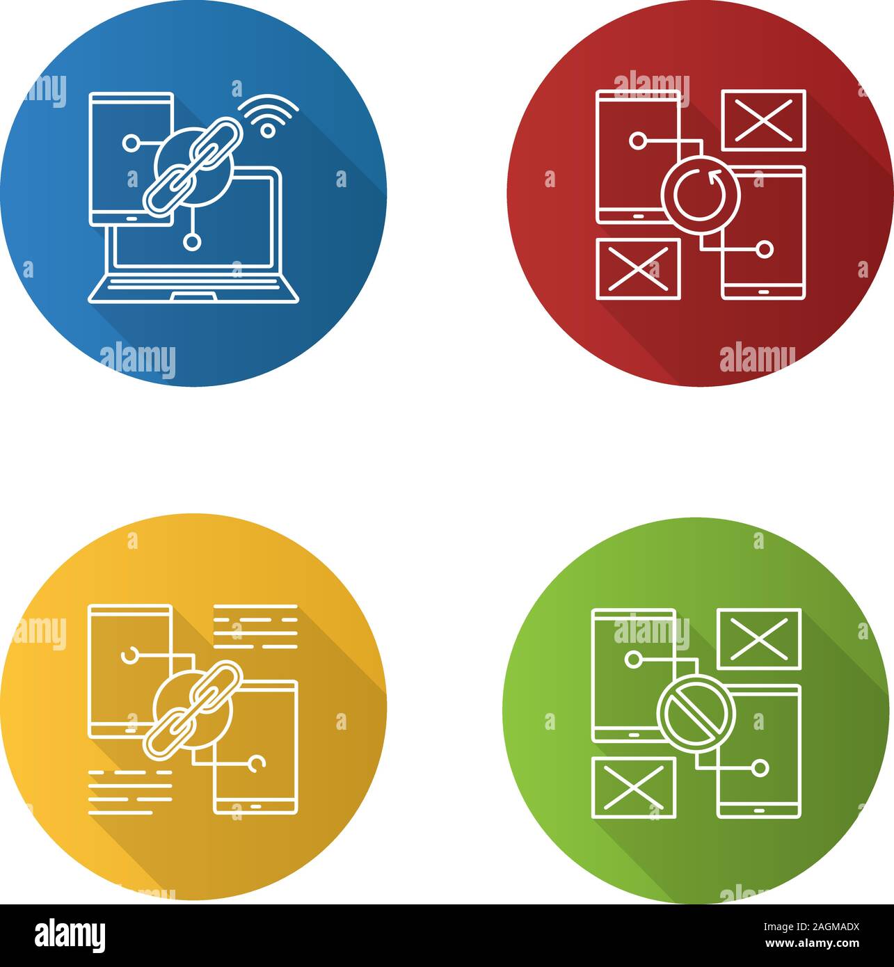 Smartphone displays flat linear long shadow icons set. Link sharing, connection and synchronization error. Vector outline illustration Stock Vector