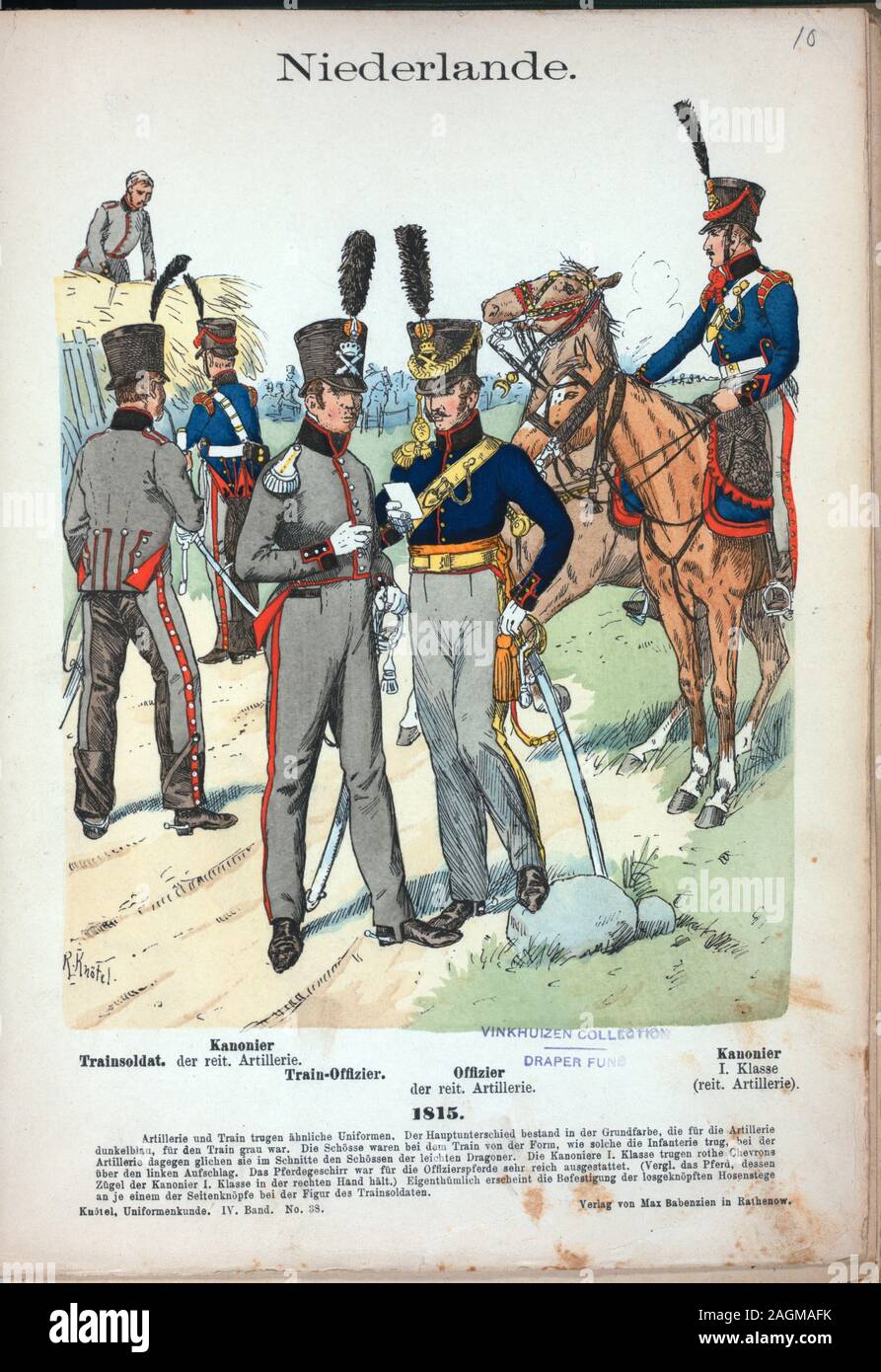 Niederlande. [L. to R.] Trainsoldat; Kanonier der reit. Artillerie; Train-Offizier; Offizier der reit. Artillerie; Kanonier 1 Klasse (reit. Artillerie.) (1815); Niederlande. [L. to R.] Trainsoldat; Kanonier der reit. Artillerie; Train-Offizier; Offizier der reit. Artillerie; Kanonier 1 Klasse (reit. Artillerie.) (1815) Stock Photo