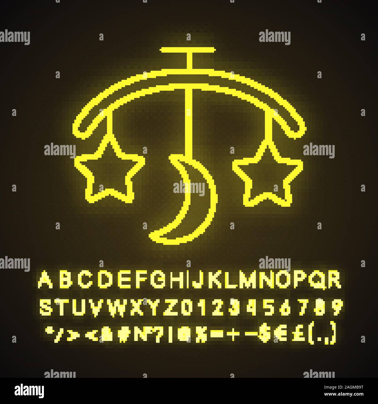 Baby bed carousel neon light icon. Hanging rattle. Glowing sign with ...