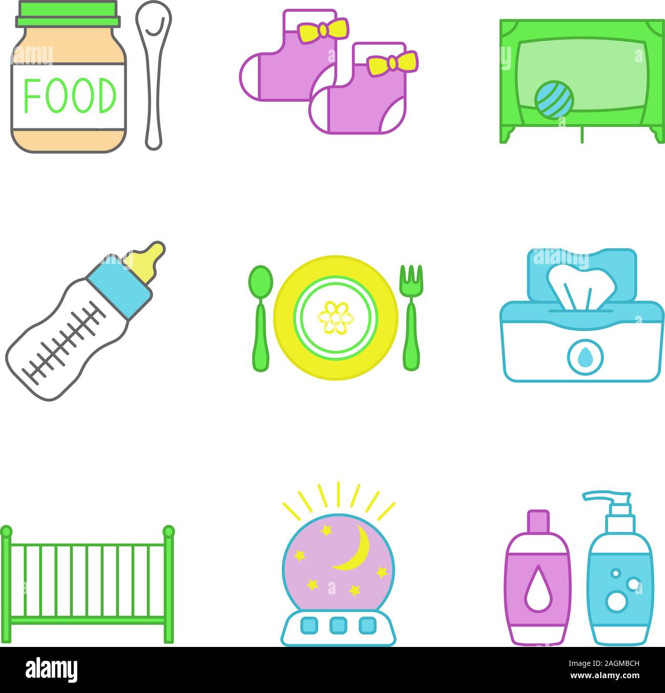 Childcare Color Icons Set Baby Food Socks Playpen Feeding