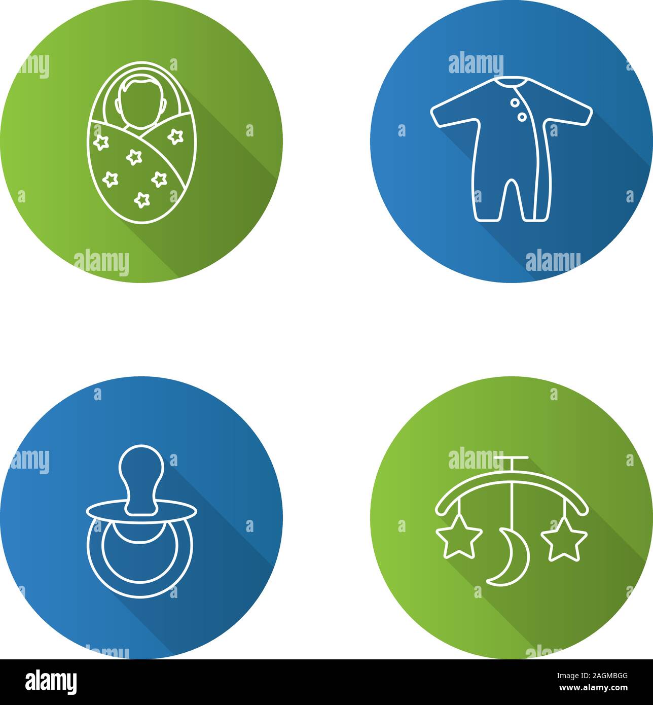 Childcare flat linear long shadow icons set. Swaddled baby, romper ...