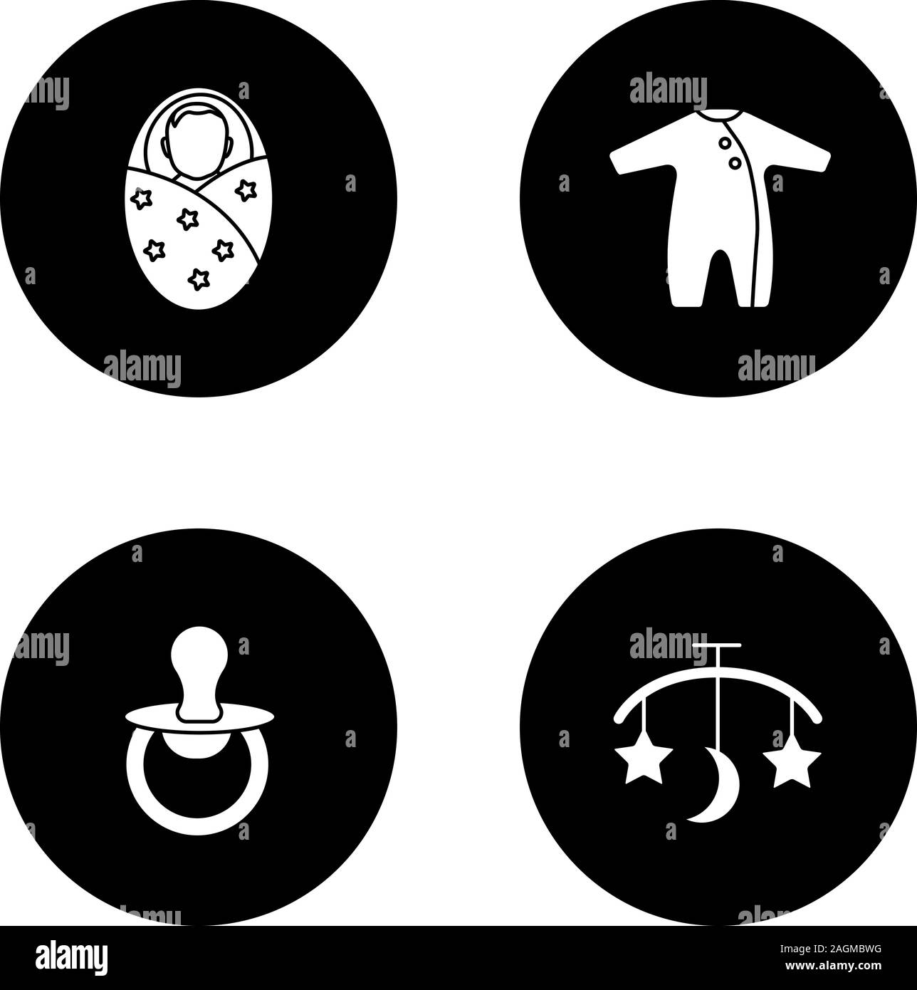 Childcare glyph icons set. Swaddled baby, romper, pacifier, bed carousel. Vector white silhouettes illustrations in black circles Stock Vector