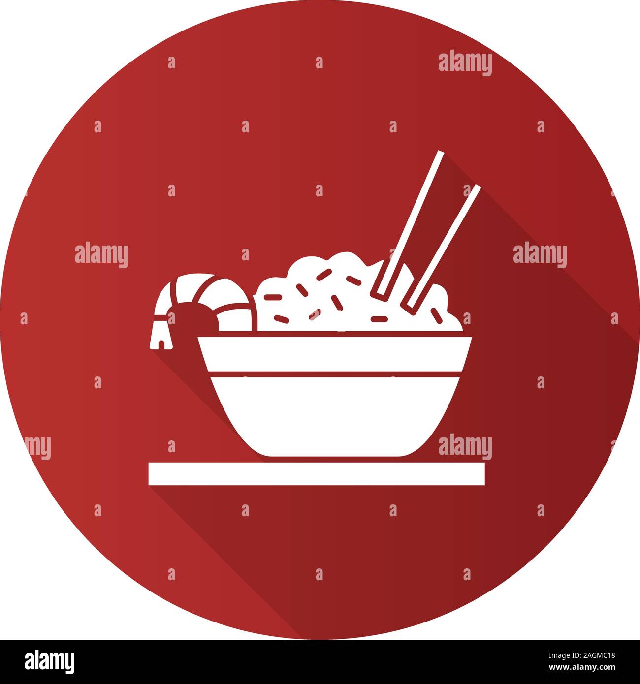 Rice with shrimps flat design long shadow glyph icon. Chinese fried ...