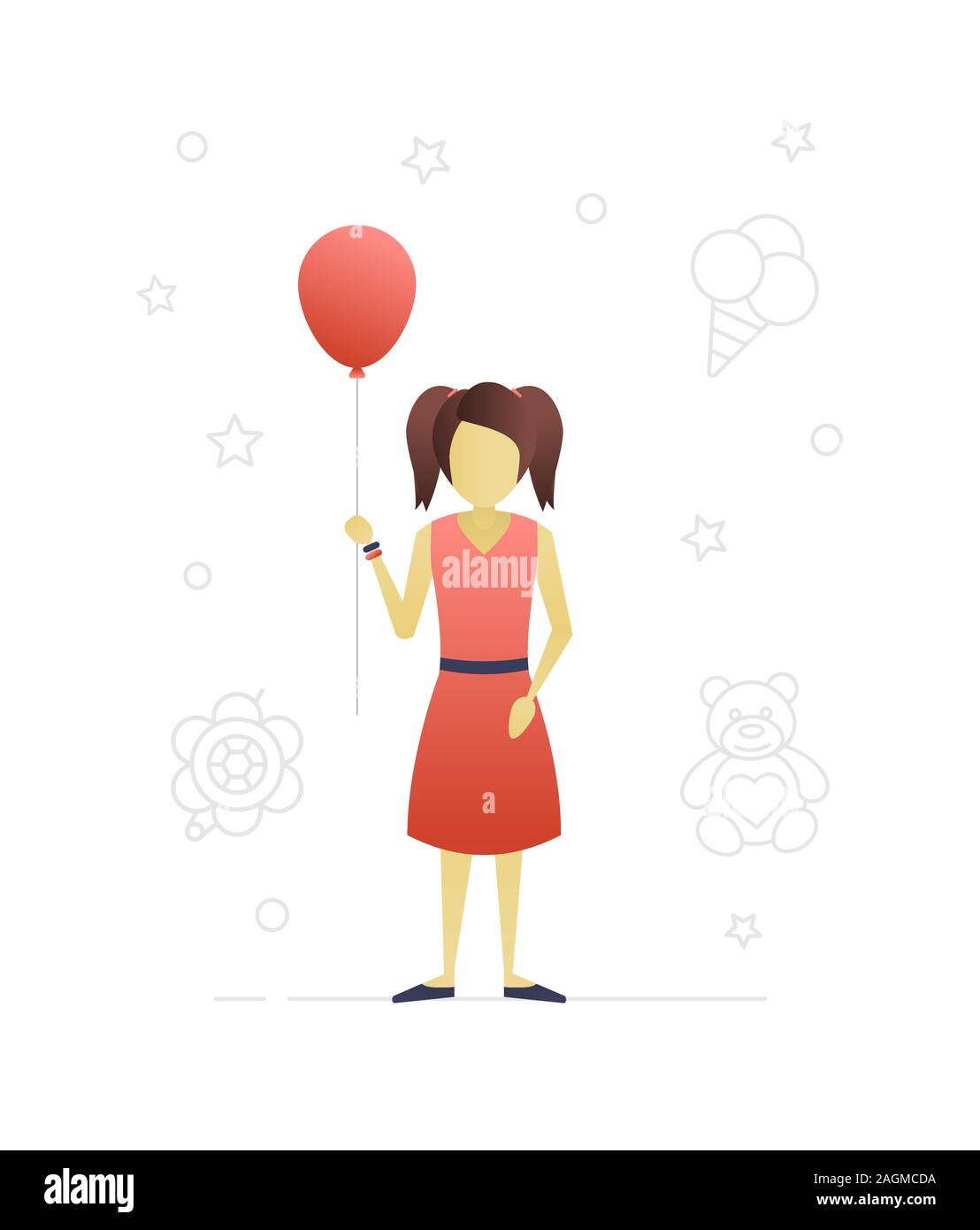 Little girl with balloon flat character design. Child. Vector isolated ...