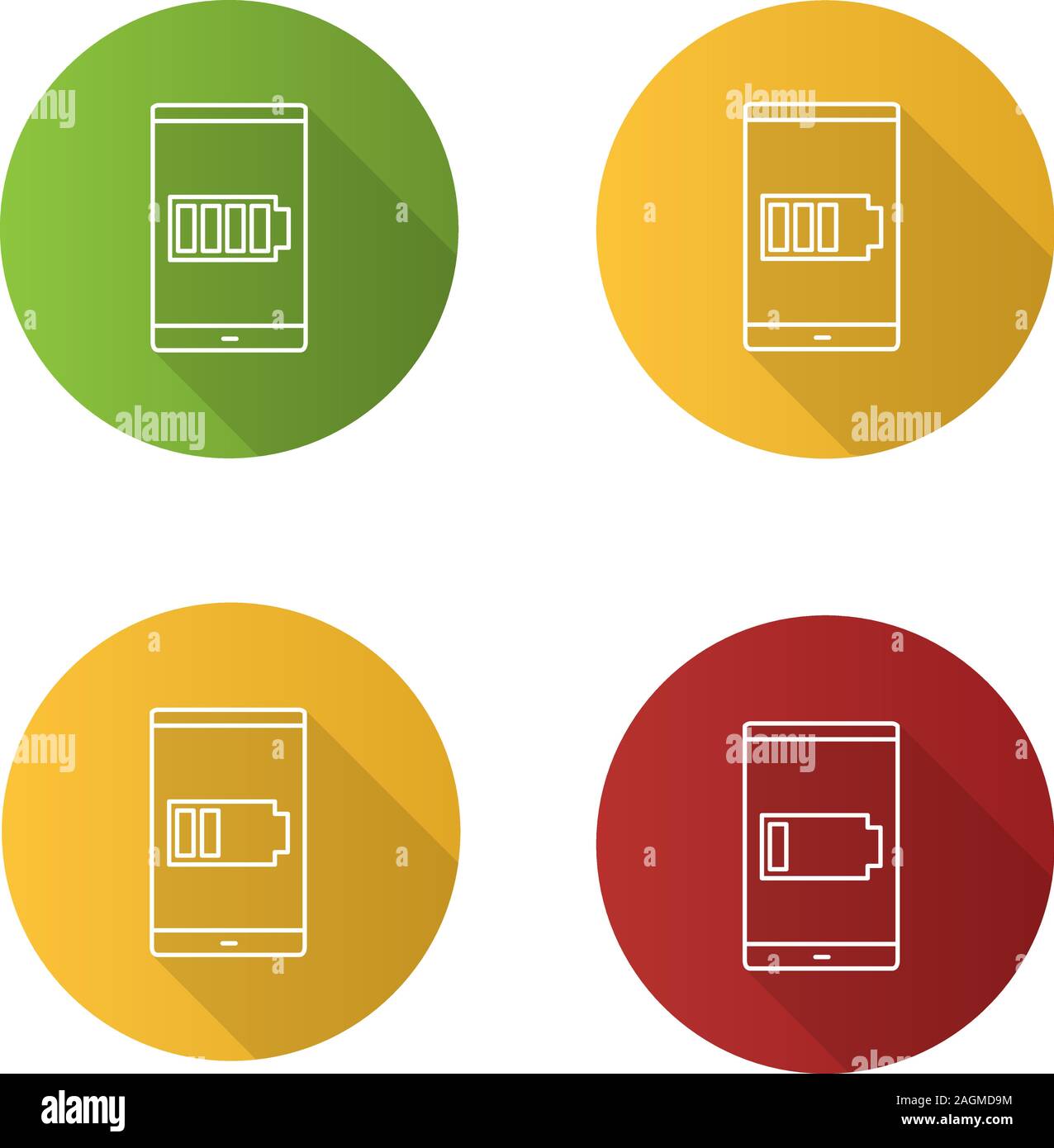 Smartphone battery charging flat linear long shadow icons set. Vector outline illustration Stock Vector