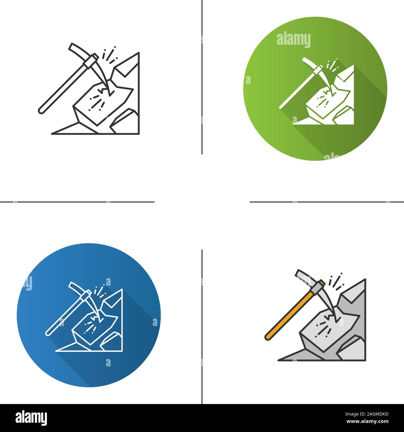 Pickaxe breaking mountain icon. Mining. Navvy pick. Flat design, linear and color styles. Isolated vector illustrations Stock Vector