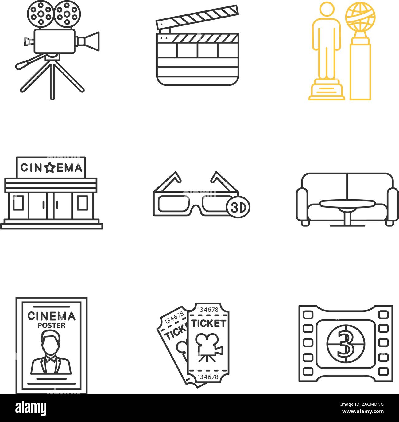 Cinema linear icons set. Movie camera, clapperboard, awards, cinema ...