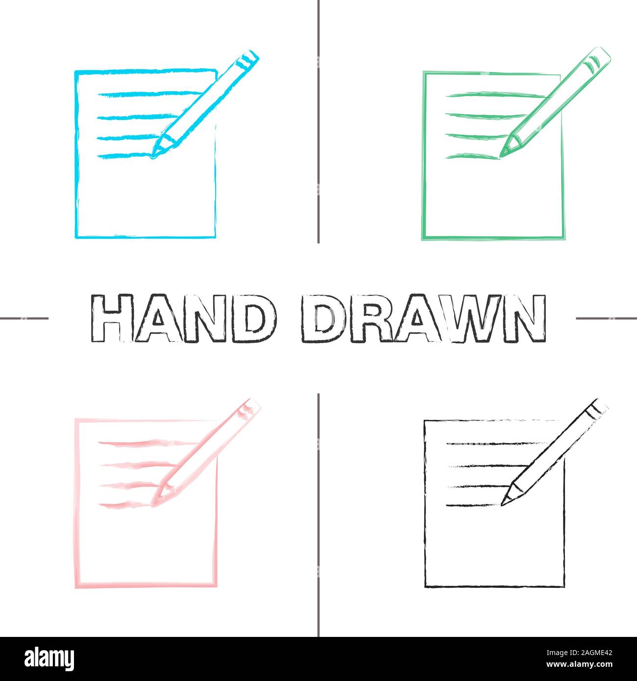 Notepad with pencil hand drawn icons set. Color brush stroke. Taking ...