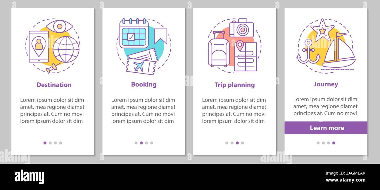 Travel organization onboarding mobile app page screen with linear ...