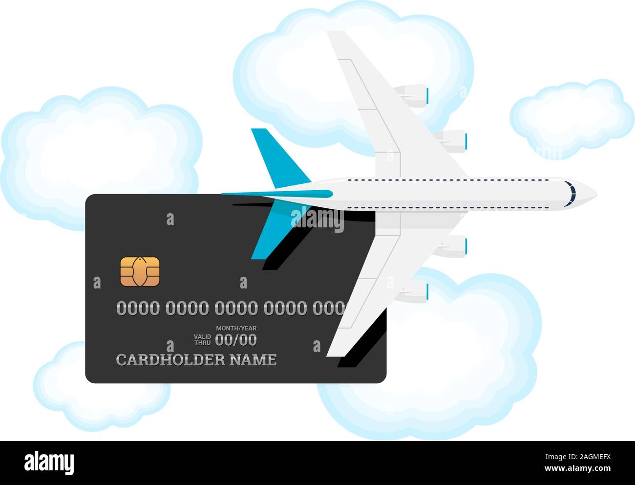 Miles bank premium card with airplane on sky with clouds. Credit or debit plastic card with bonus for frequent air travel vector illustration Stock Vector