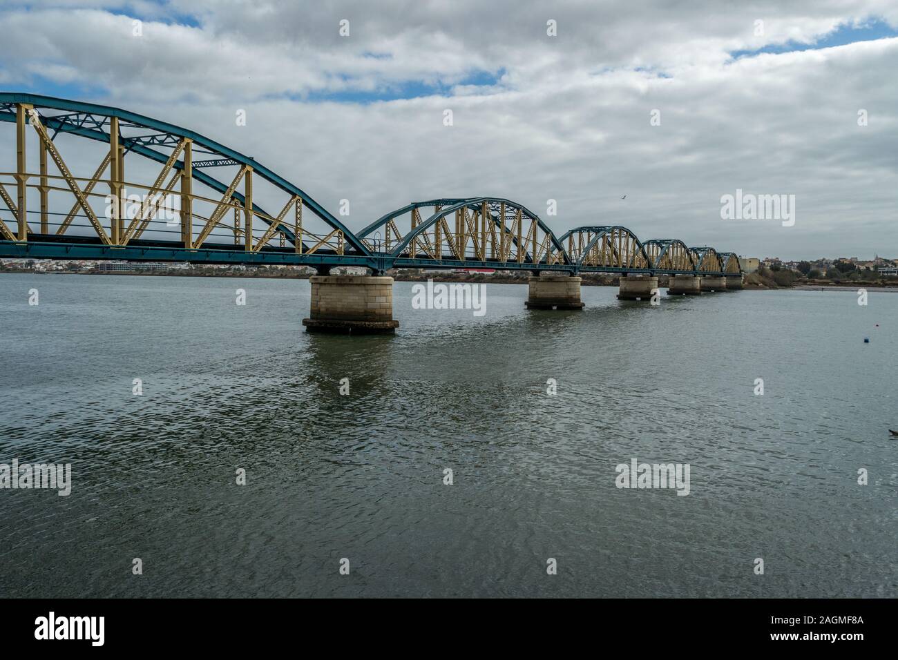 Rail bridge over the river in Portimao, Portugal Stock Photo