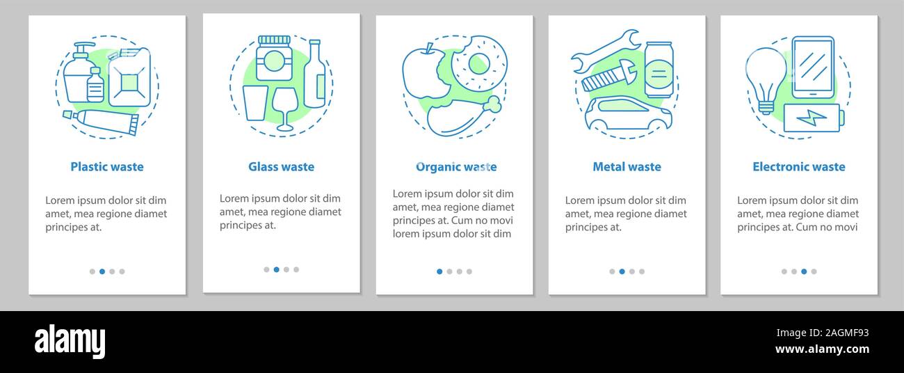 Trash sorting onboarding mobile app page screen. Organic, metal