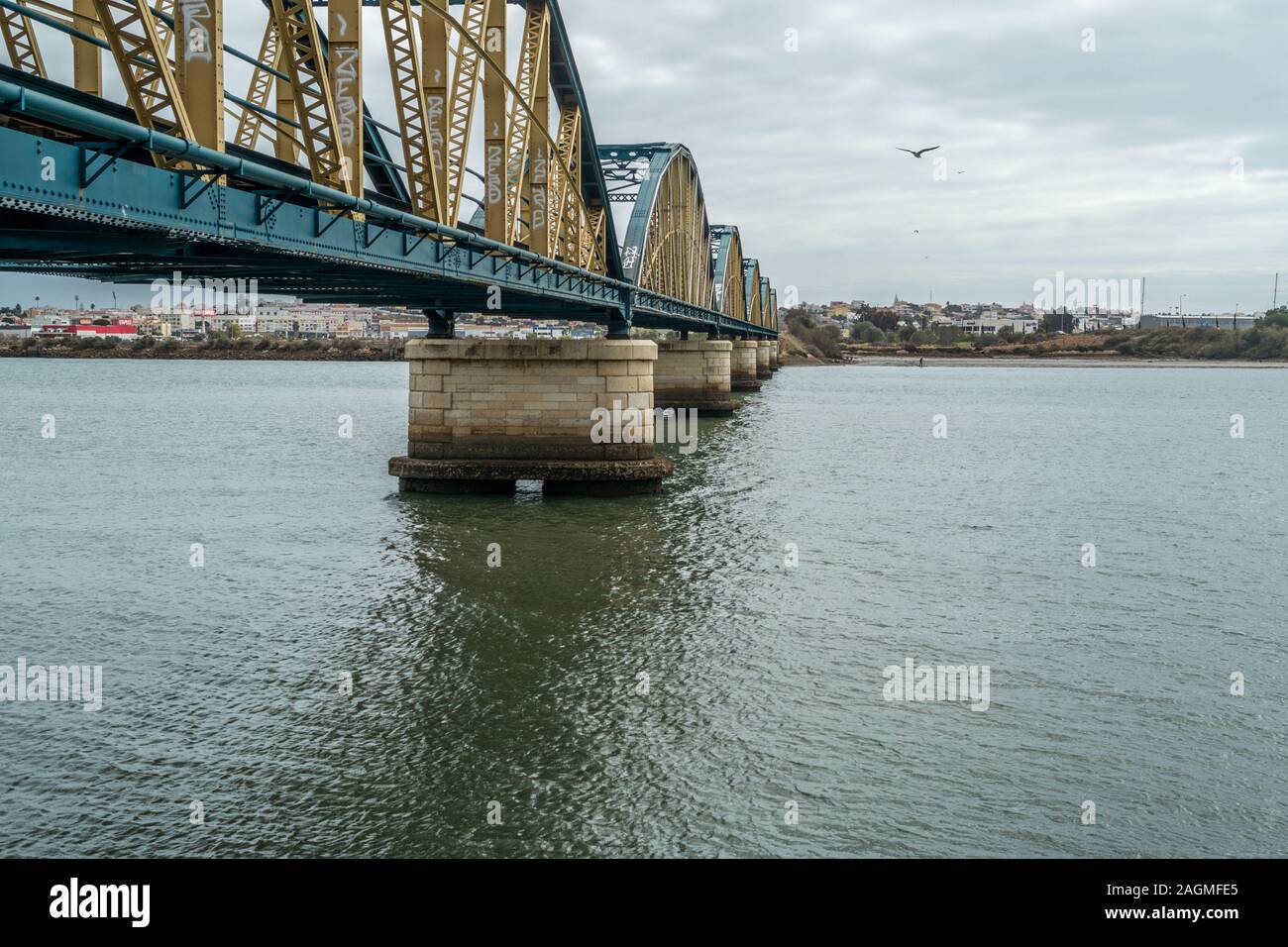 Rail bridge over the river in Portimao, Portugal Stock Photo