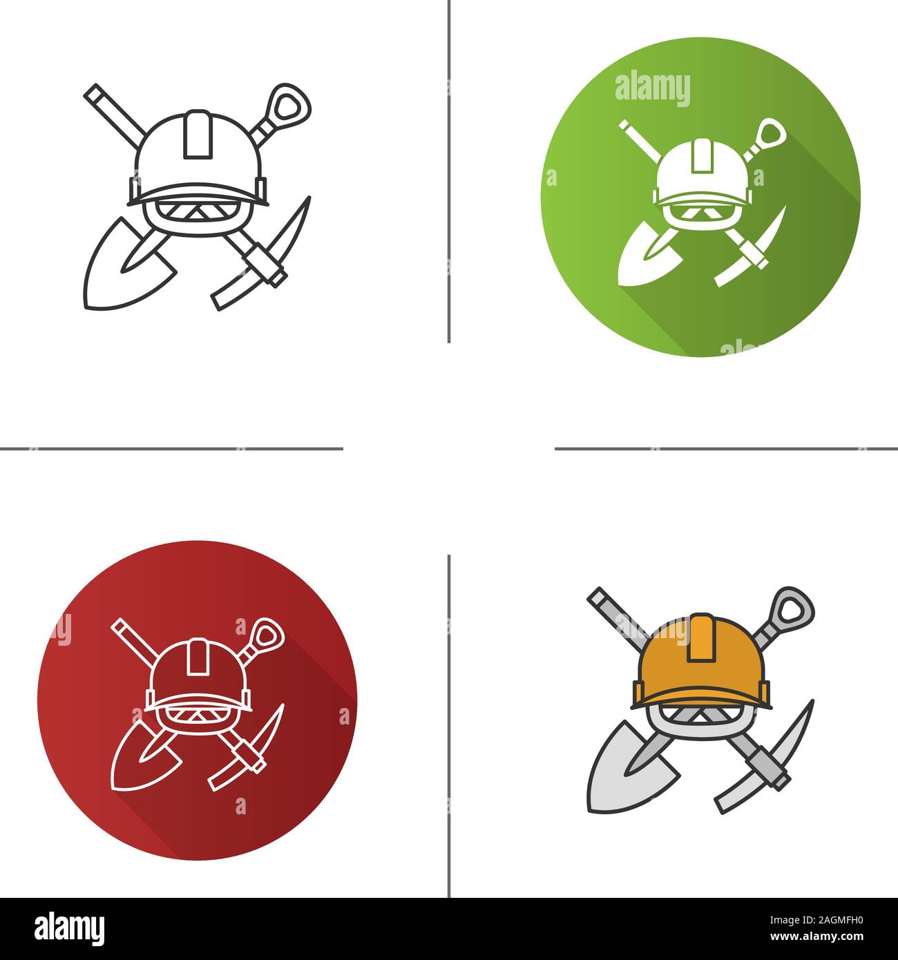 Crossed shovel and pickaxe with hard hat icon. Mining emblem. Flat ...