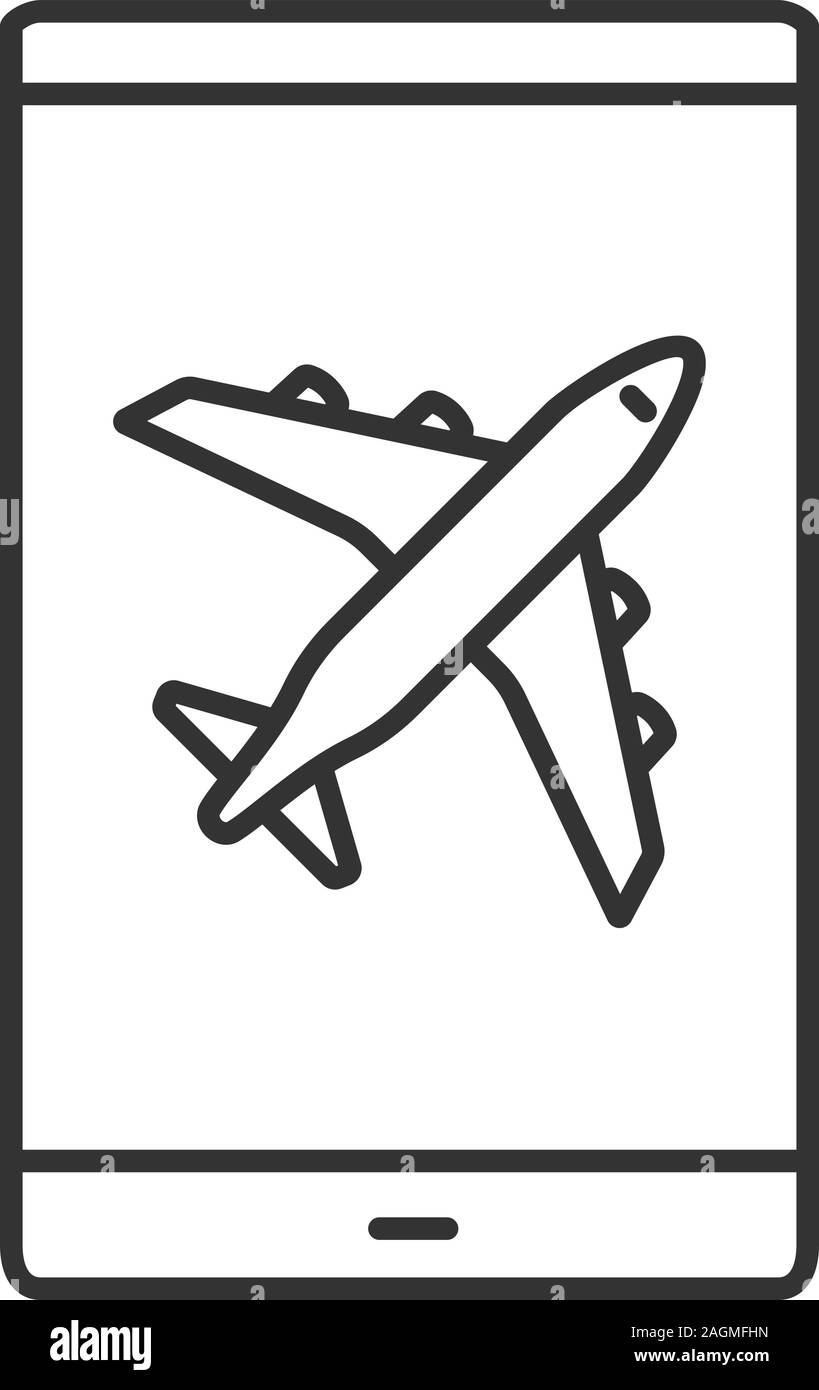 Smartphone airplane mode linear icon. Thin line illustration. Mobile phone screen with plane. Contour symbol. Vector isolated outline drawing Stock Vector