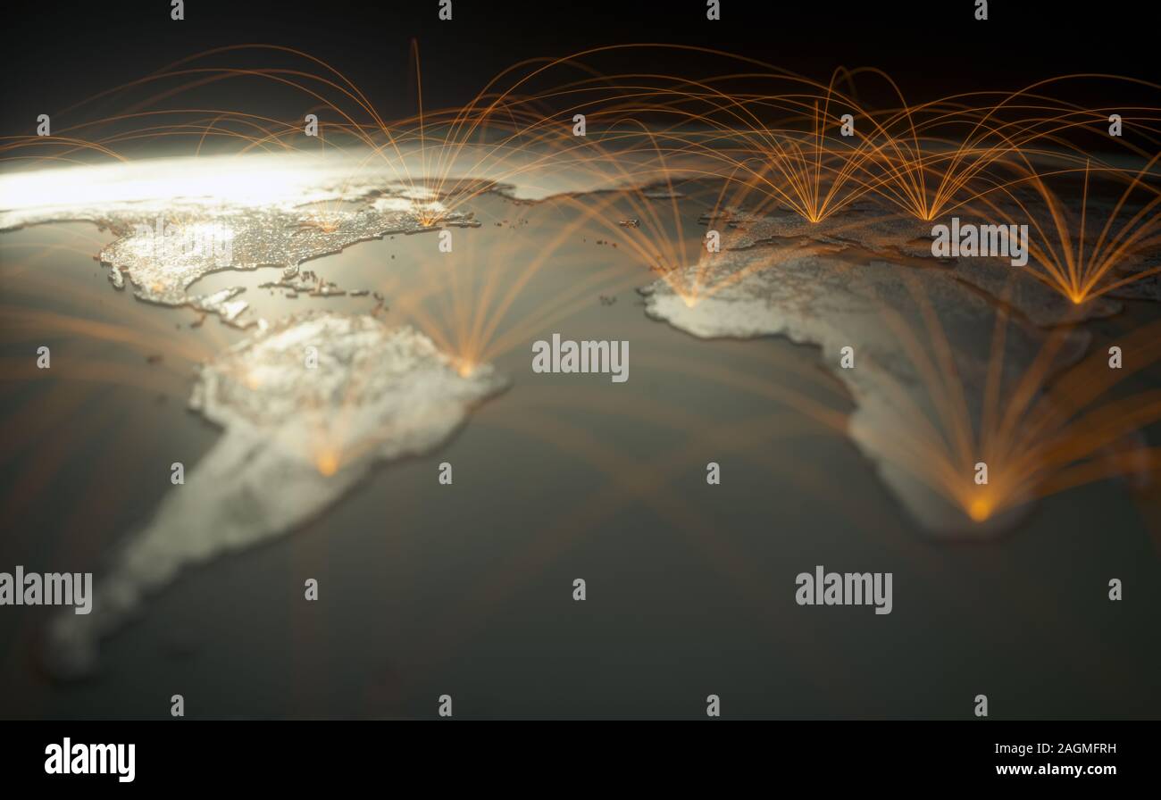 Globalized world, the future of digital technology. Connections and cloud computing in the virtual world. World map with satellite data connections. Stock Photo