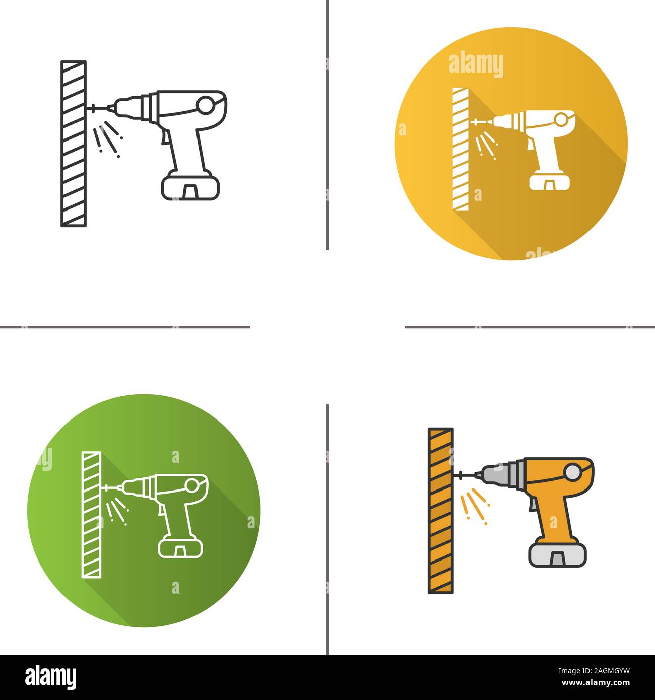 Portable electric screwdriver icon. Cordless drill. Flat design, linear and color styles. Isolated vector illustrations Stock Vector