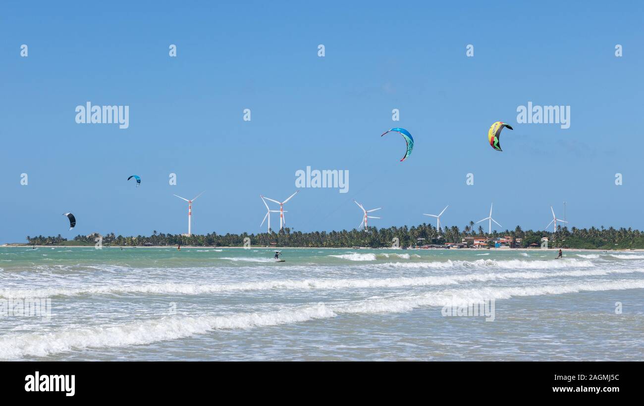 people practicing Kyte surfing in the village of Icarai de Amontada in the state of Ceará in northeastern Brazil Stock Photo