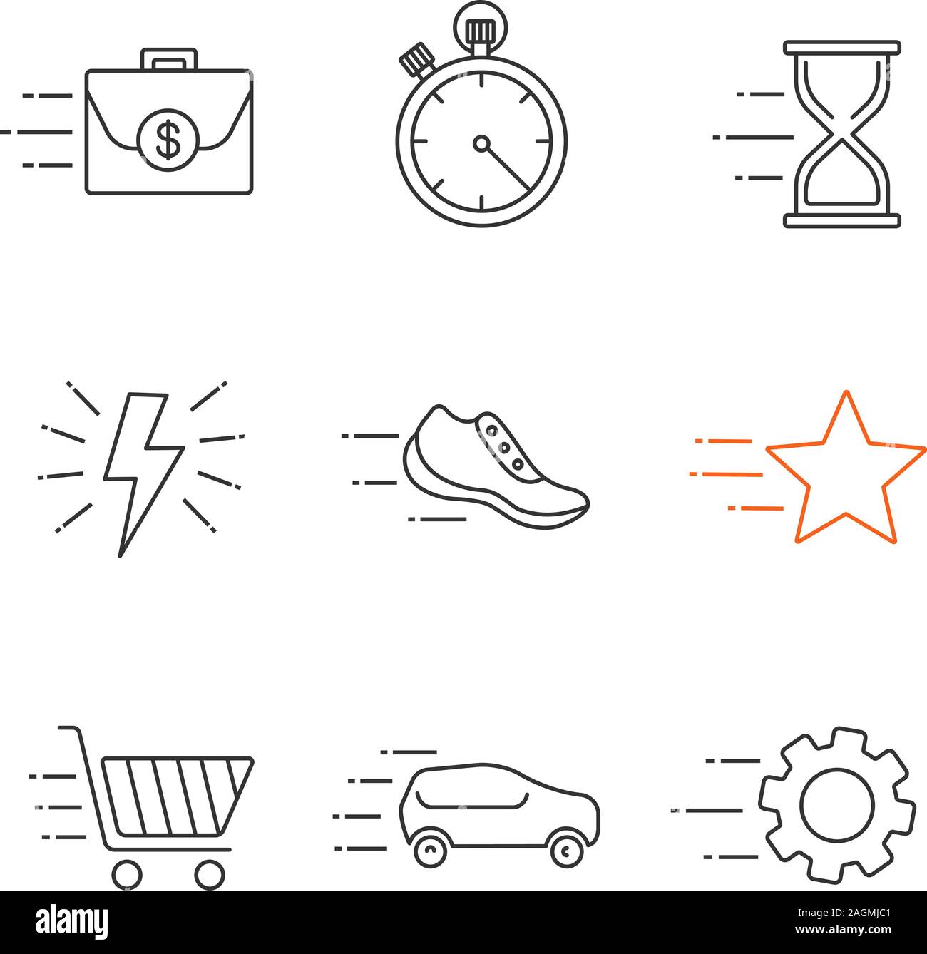 Motion linear icons set. Flying briefcase, stopwatch, hourglass ...
