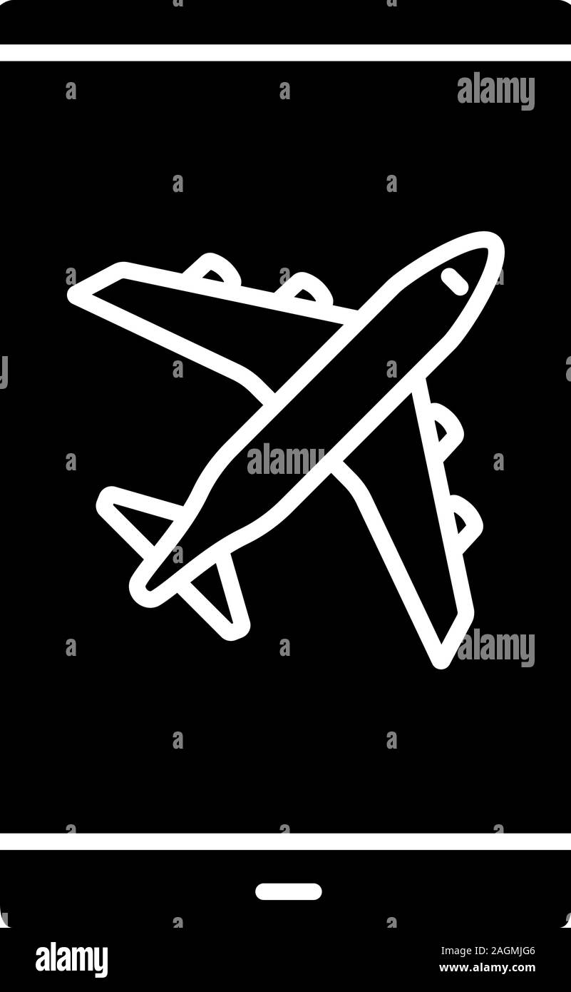 Smartphone airplane mode glyph icon. Silhouette symbol. Negative space. Mobile phone screen with plane. Vector isolated illustration Stock Vector