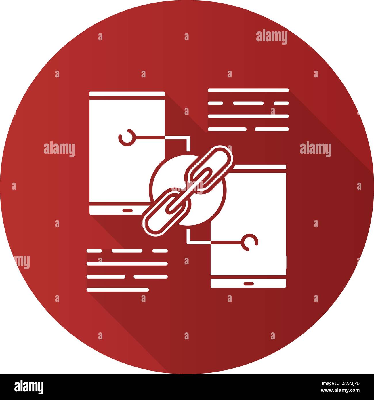Link sharing flat design long shadow glyph icon. Hyperlink. Data transfer. Phones connection. Vector silhouette illustration Stock Vector