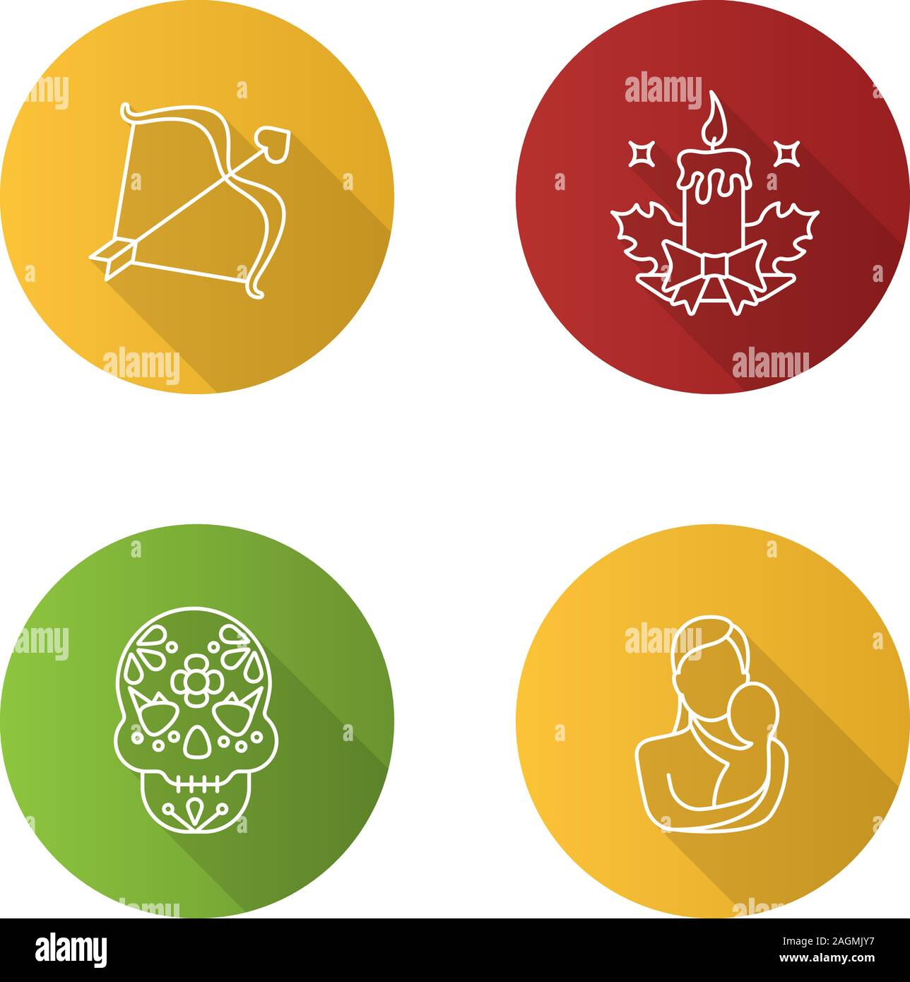Holidays flat linear long shadow icons set. St. Valentine's Day, Christmas, Dia de los Muertos, Mother's Day. Vector outline illustration Stock Vector