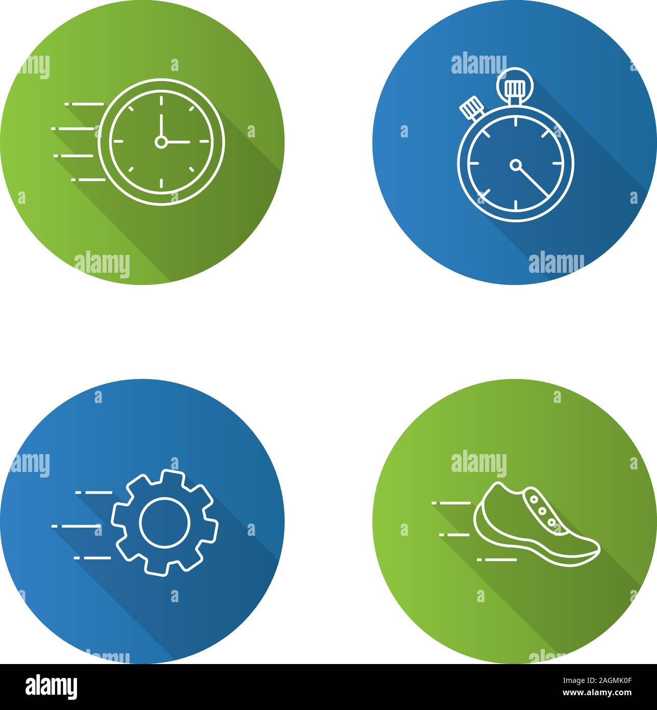 Motion flat linear long shadow icons set. Speed. Flying clock ...