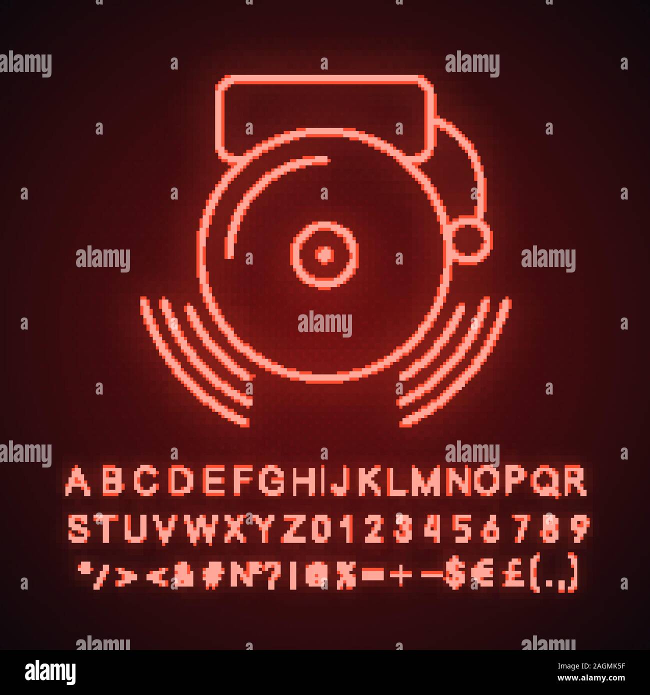 Ringing school bell neon light icon. Glowing sign with alphabet ...