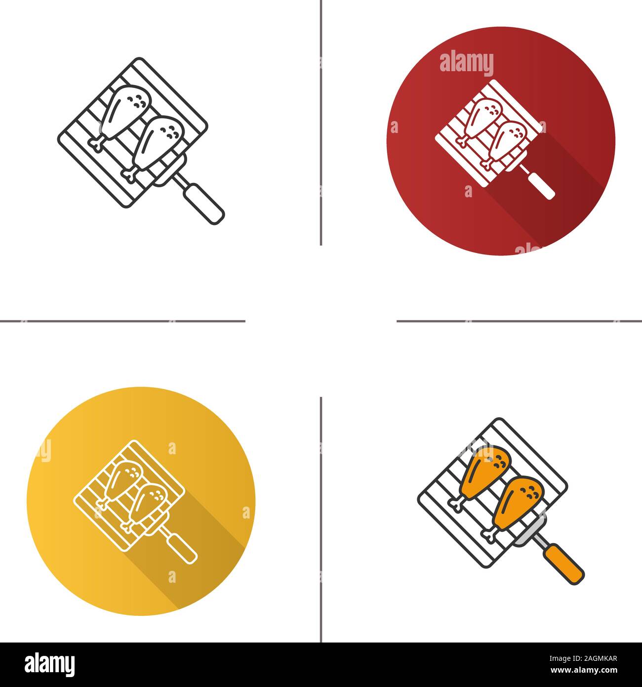 Hand grill with chicken legs icon. Grilled turkey drumsticks. Flat design, linear and color styles. Isolated vector illustrations Stock Vector