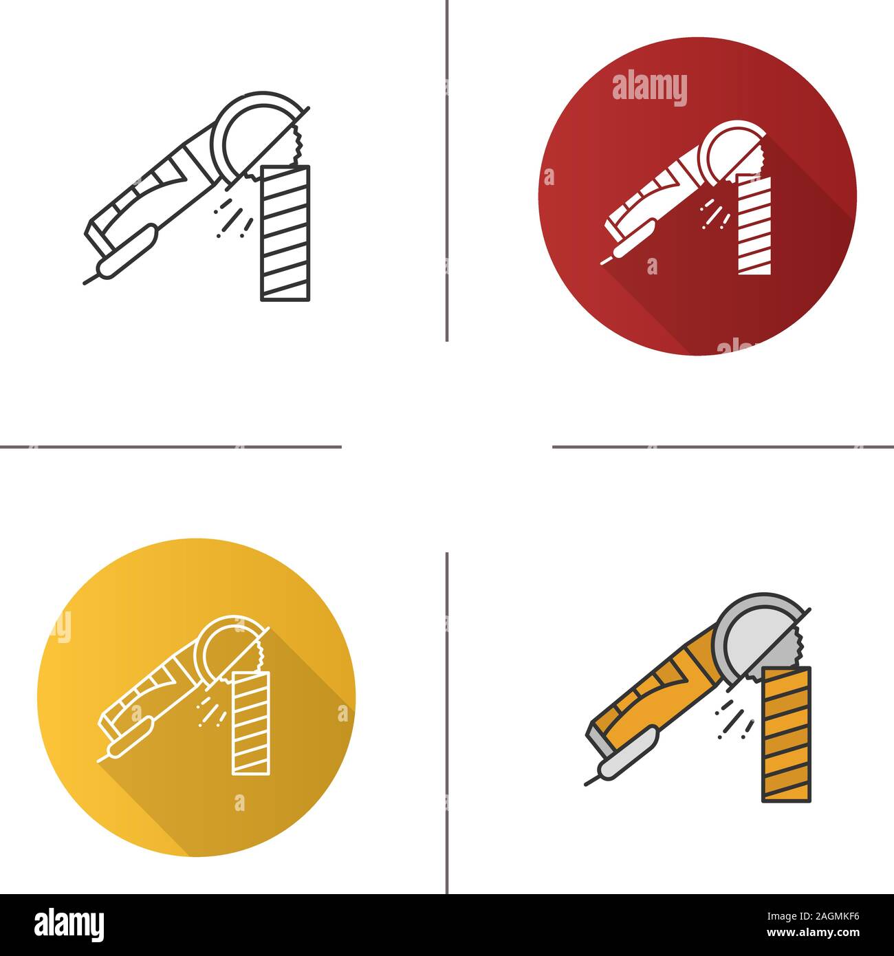 Angle grinder machine polishing wooden plank icon. Flat design, linear and color styles. Isolated vector illustrations Stock Vector