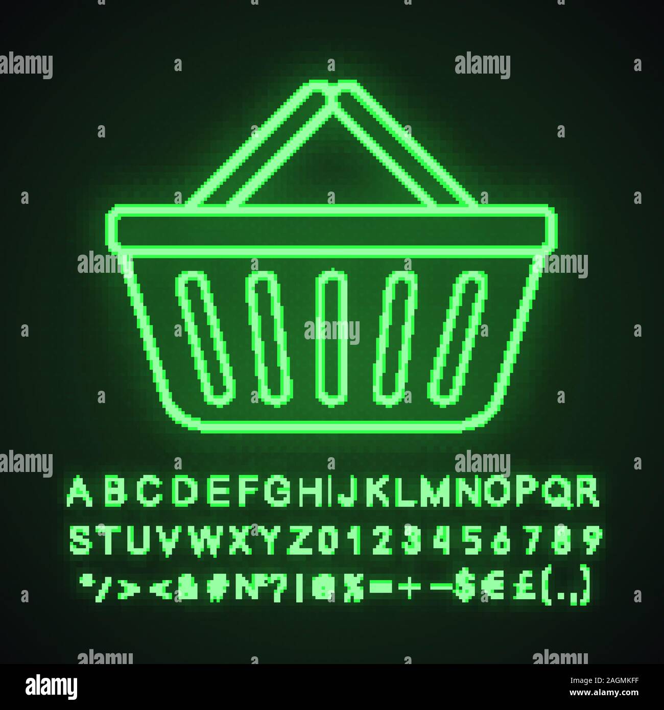 Supermarket shopping basket neon light icon. Glowing sign with alphabet