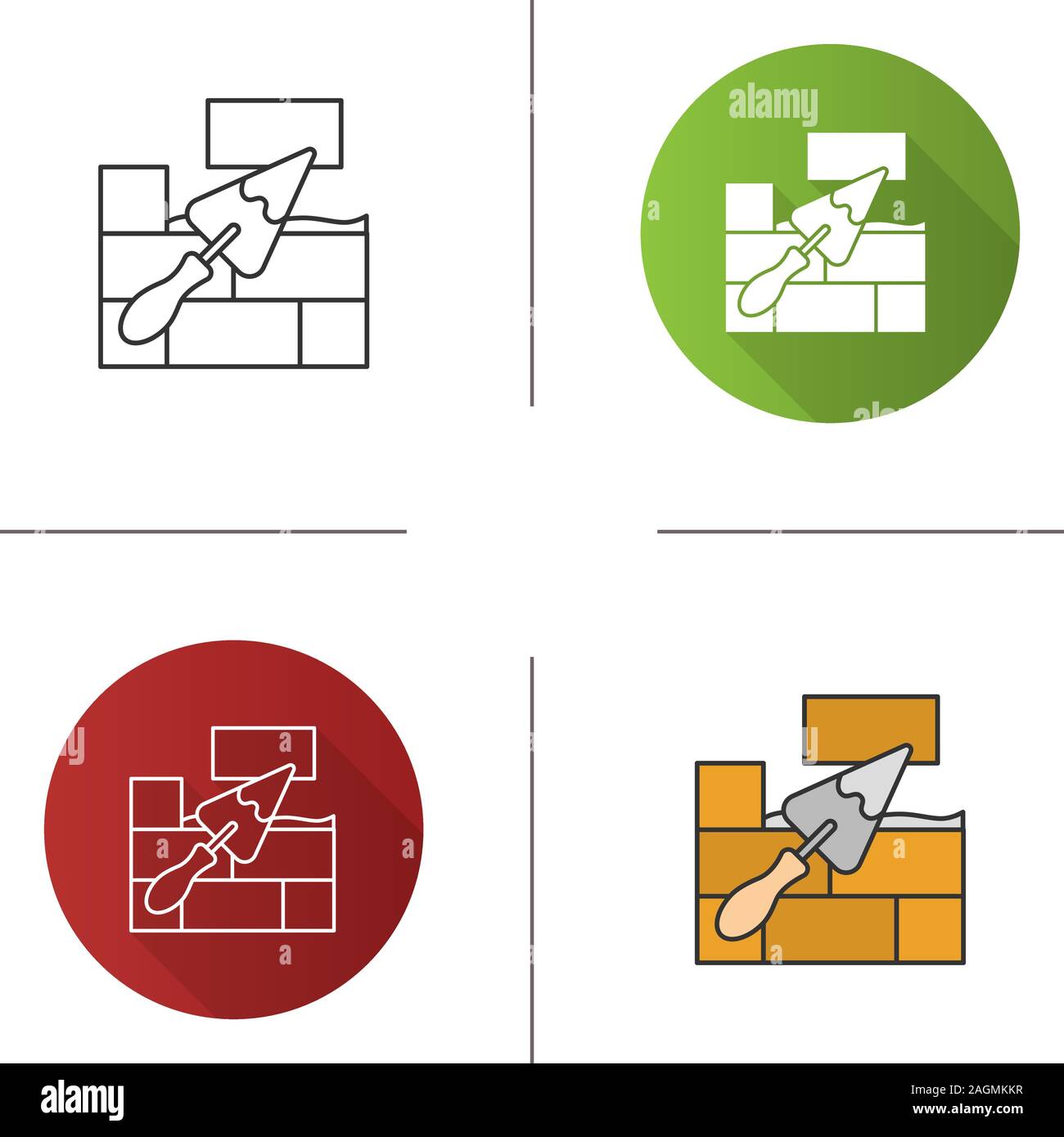 Brick wall with triangular shovel icon. Putty knife, spatula. Cement solution. Flat design, linear and color styles. Isolated vector illustrations Stock Vector