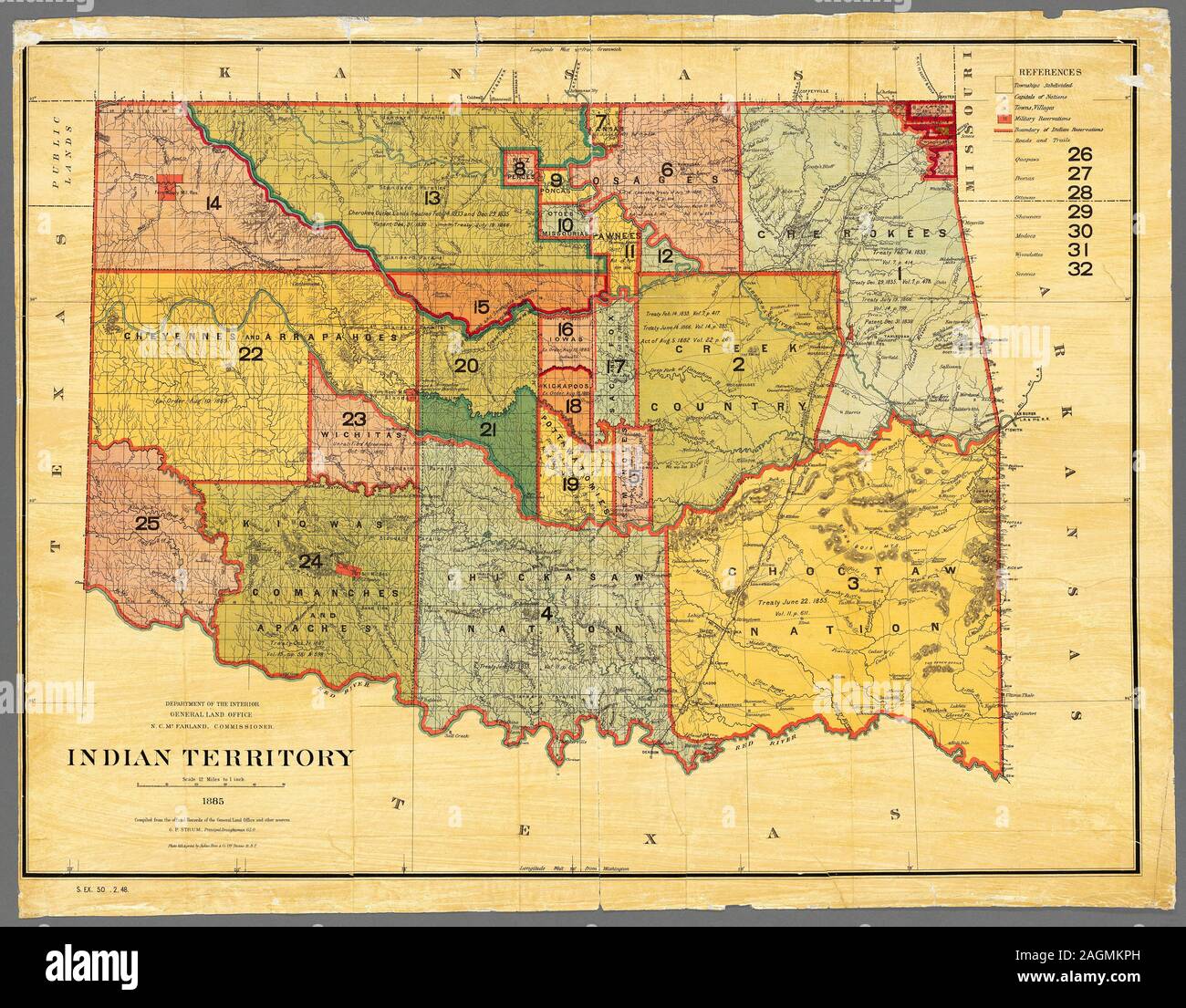 Map of Indian Territory (Oklahoma), 1885. Map produced by the Department of the Interior, General Land Office. Land designated as Indian Territory.  Map shows distribution of land designated for Native Americans before general settlement of the area. Stock Photo