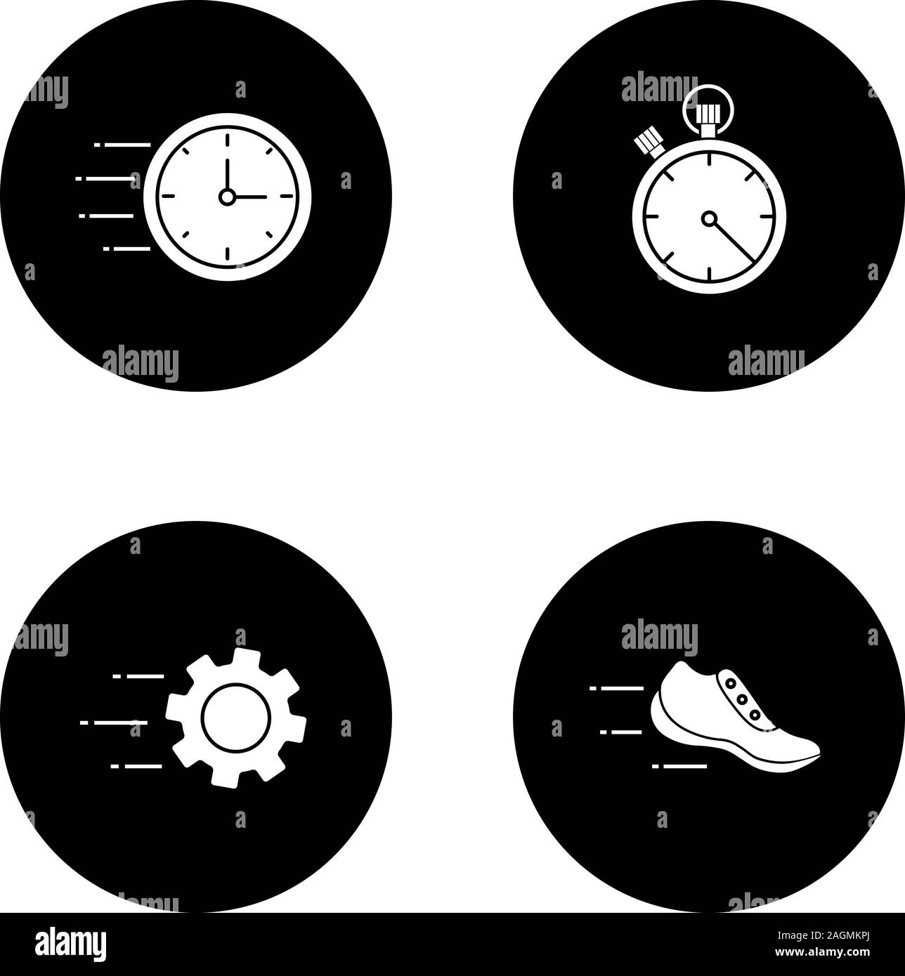 Motion glyph icons set. Speed. Flying clock, stopwatch, gear, sneaker. Vector white silhouettes illustrations in black circles Stock Vector