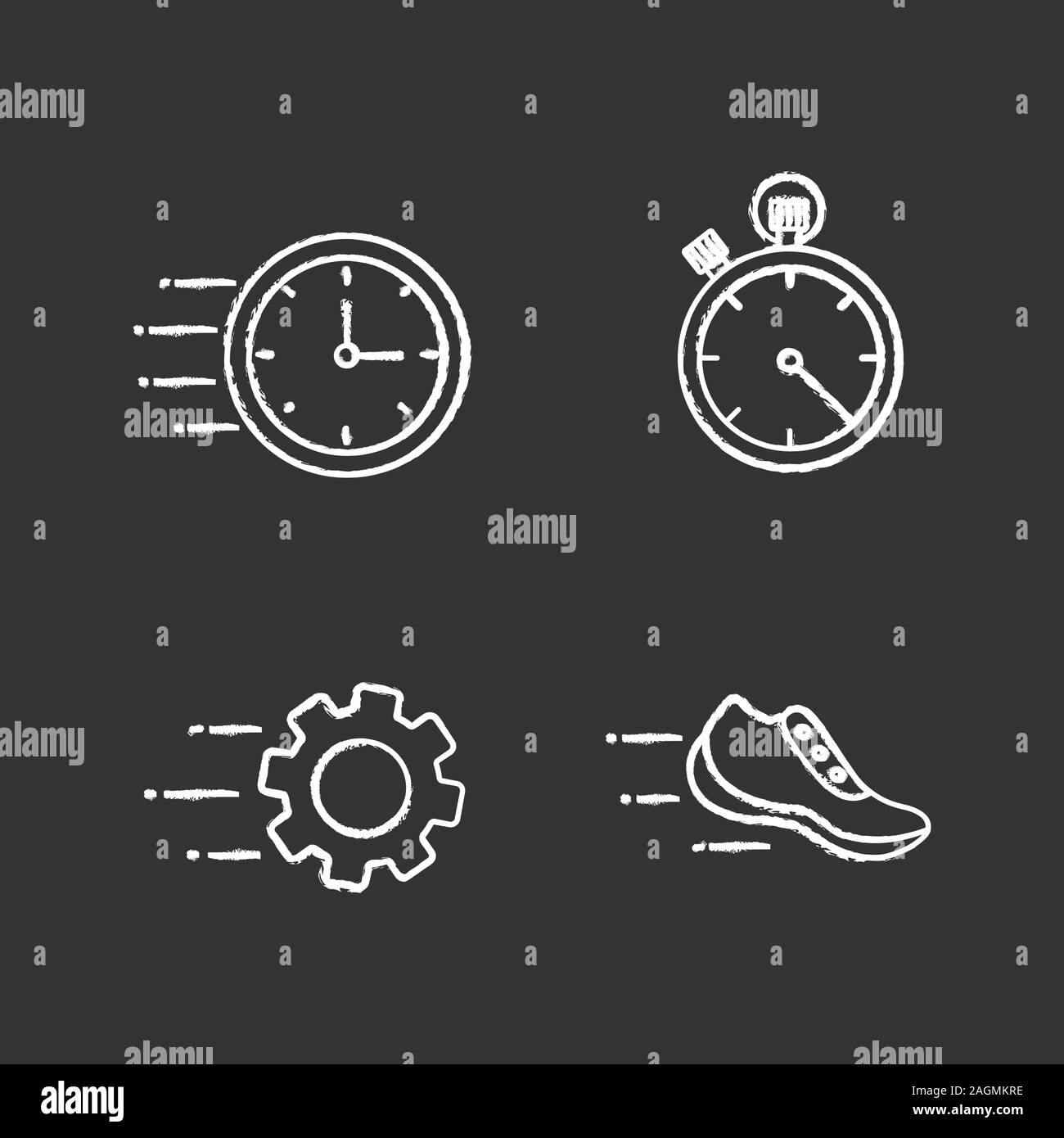 Motion chalk icons set. Speed. Flying clock, stopwatch, gear, sneaker. Isolated vector chalkboard illustrations Stock Vector