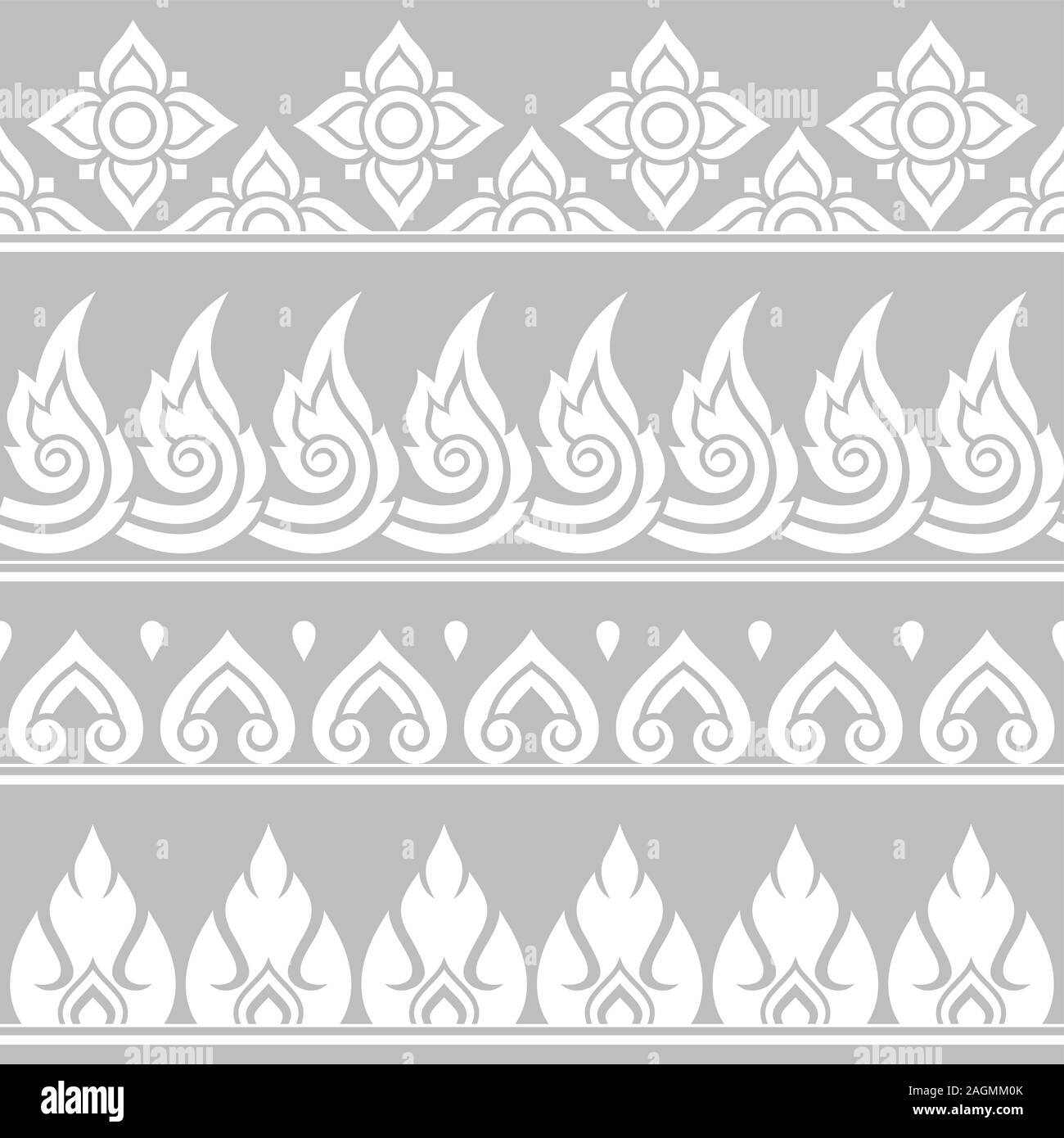 Seamless vector Thai retro pattern, repetitive design from Thailand - folk art style in gray and white Stock Vector