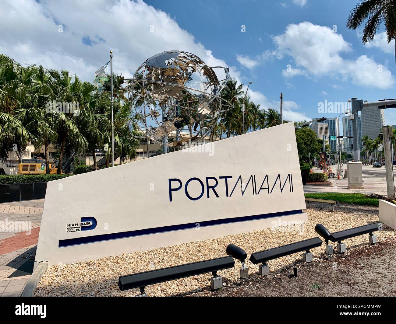MIAMI, USA - APR 2019 : Entrance of the Port of Miami, one of the busiest cruise terminals in the world and an important hub of internacional commerce Stock Photo