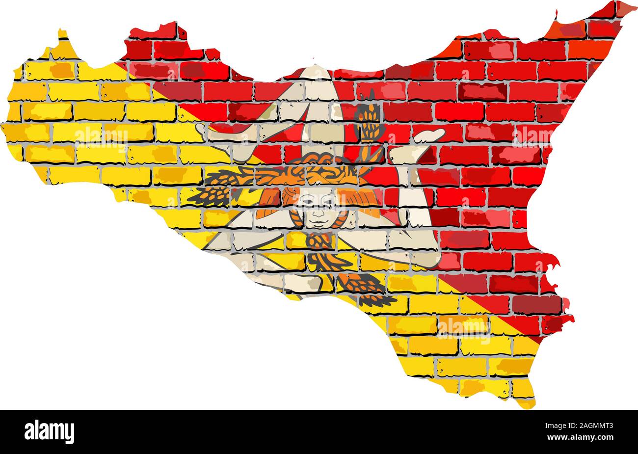 Sicily map on a brick wall - Illustration,   Sicily map with flag inside Stock Vector