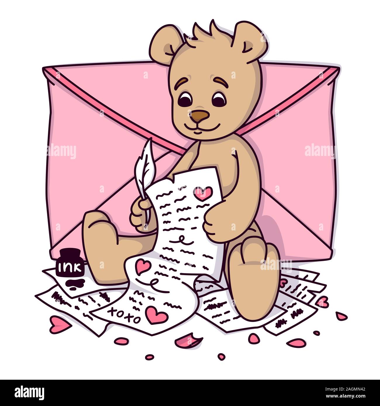 Teddy bear writes a love letter. Valentines day greeting card with hearts and envelope. Print for kids invitations, greetings postcard. Vector illustr Stock Vector