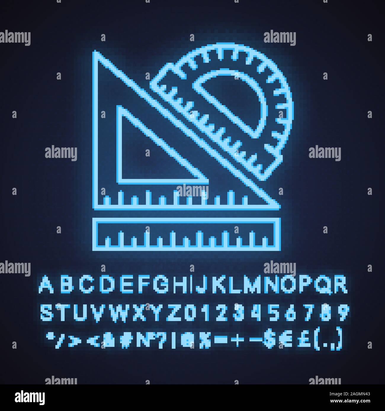School rulers neon light icon. Protractor, ruler and transparent ...
