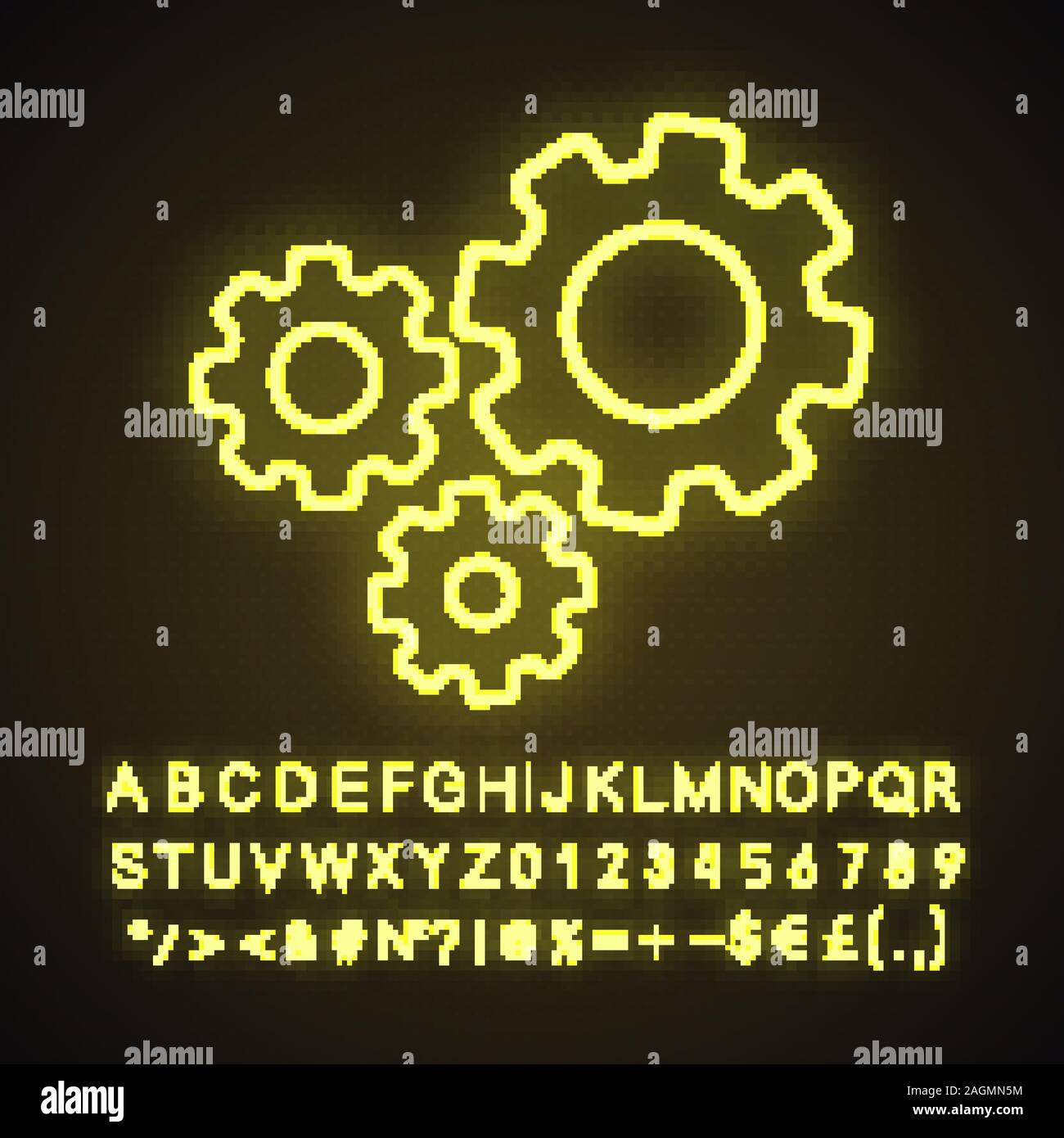 Cogwheels neon light icon. Cogs. Glowing sign with alphabet, numbers ...