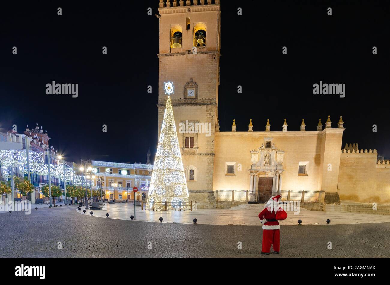 Santa Claus Visit Cathedral of San Juan In Badajoz, Extremadura, Spain Stock Photo