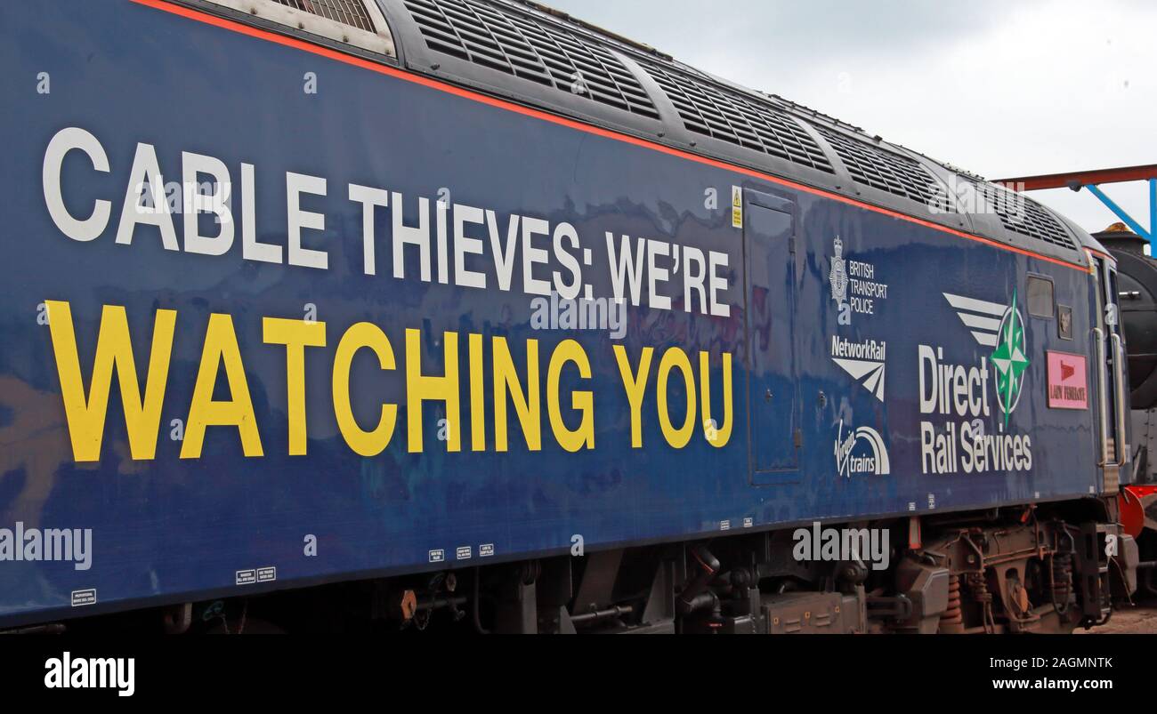 Public transport, railway cable thieves, We Are Watching You, England, UK - message on an engine - Lady Penelope - BTP Stock Photo