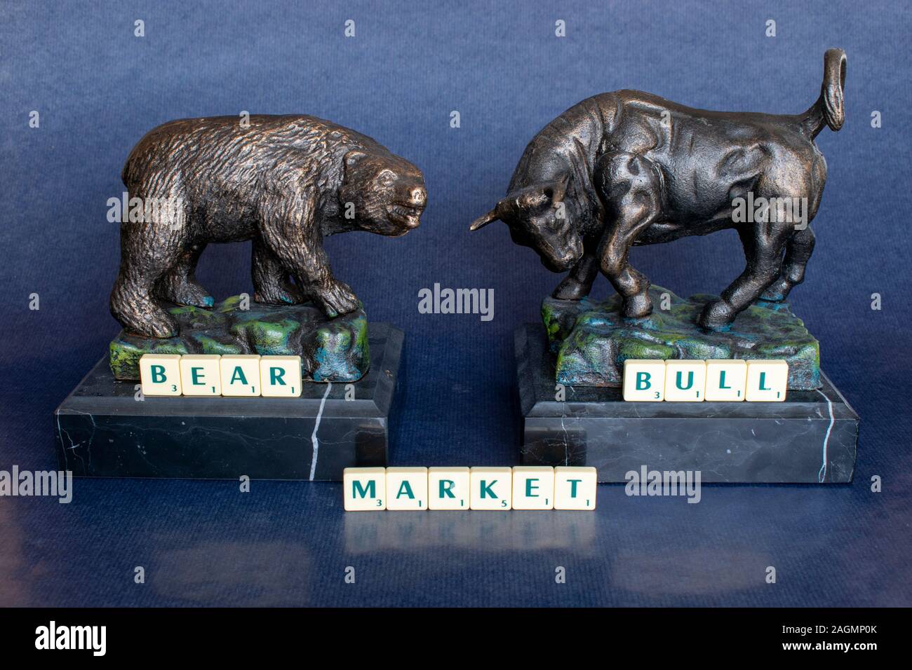 Bear and Bull markets represented by the Bull and the Bear are financial markets driven by investor sentiment both optimistic and pessimistic. Stock Photo