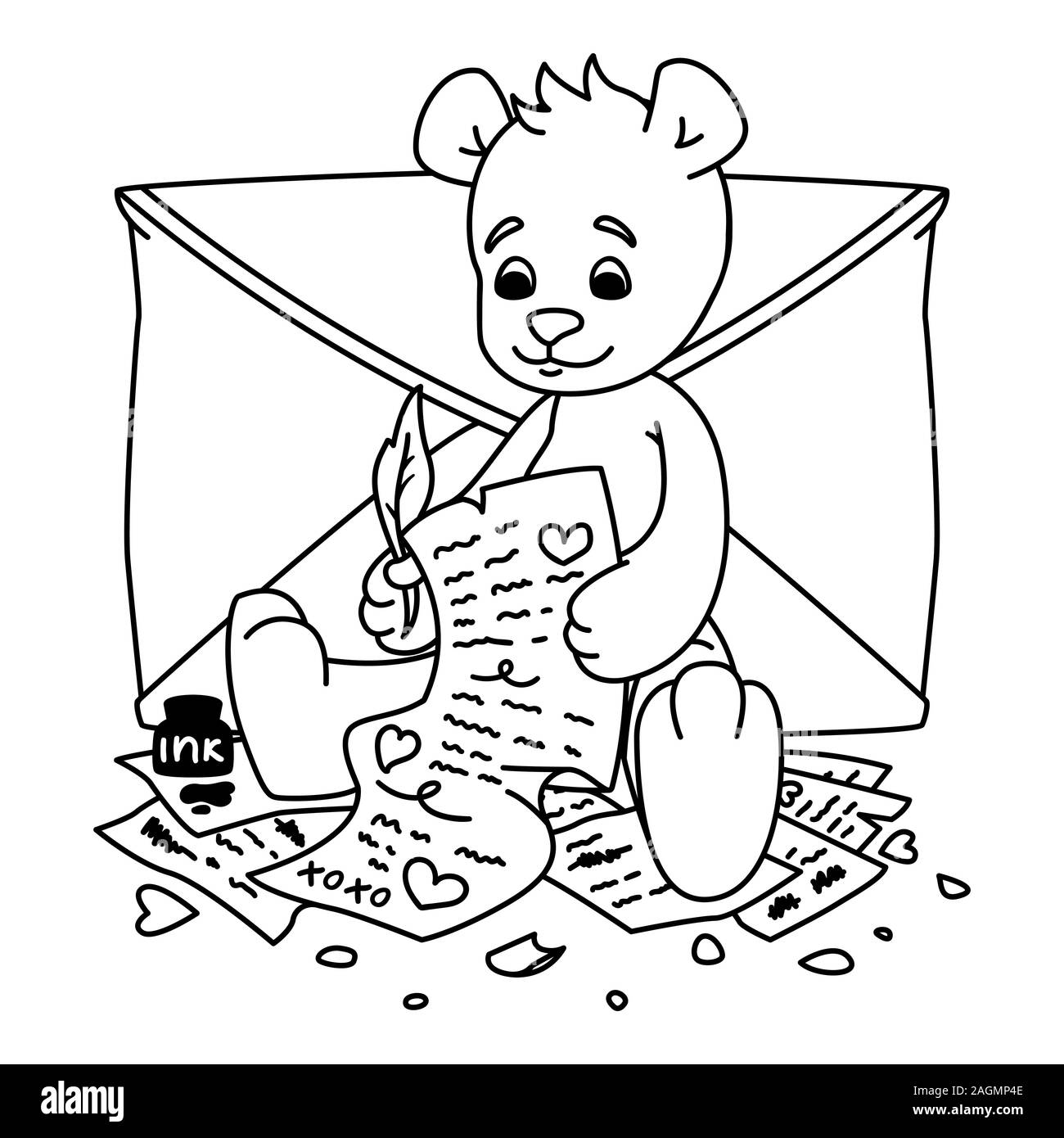 Teddy bear writes a love letter. Valentines day greeting card with hearts and envelope. Print for kids coloring book. Vector outline illustration isol Stock Vector