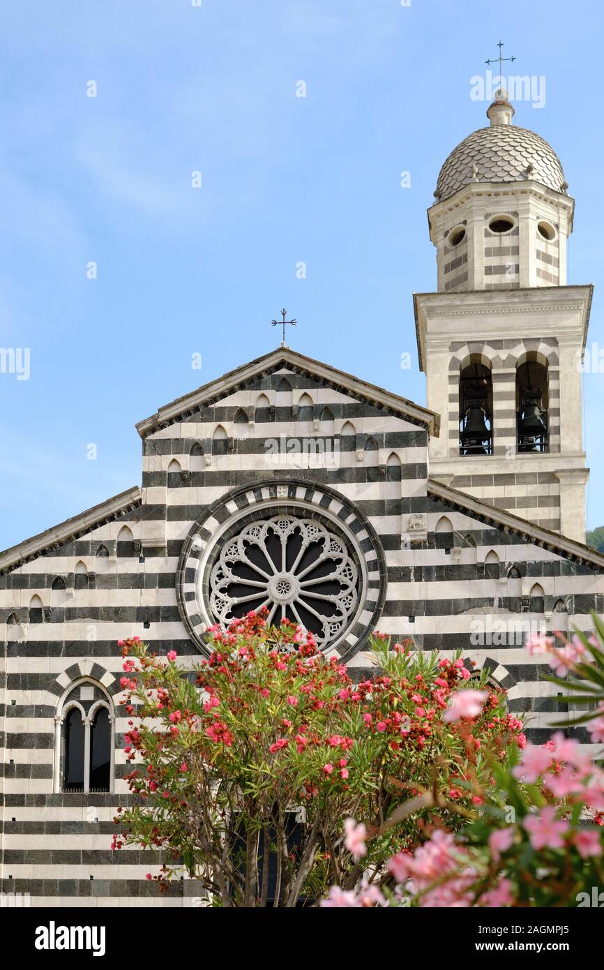 The black and white marble architecture and bell tower of Saint Andrew's Church in Levanto, La Spezia, Liguria, Italy EU Stock Photo