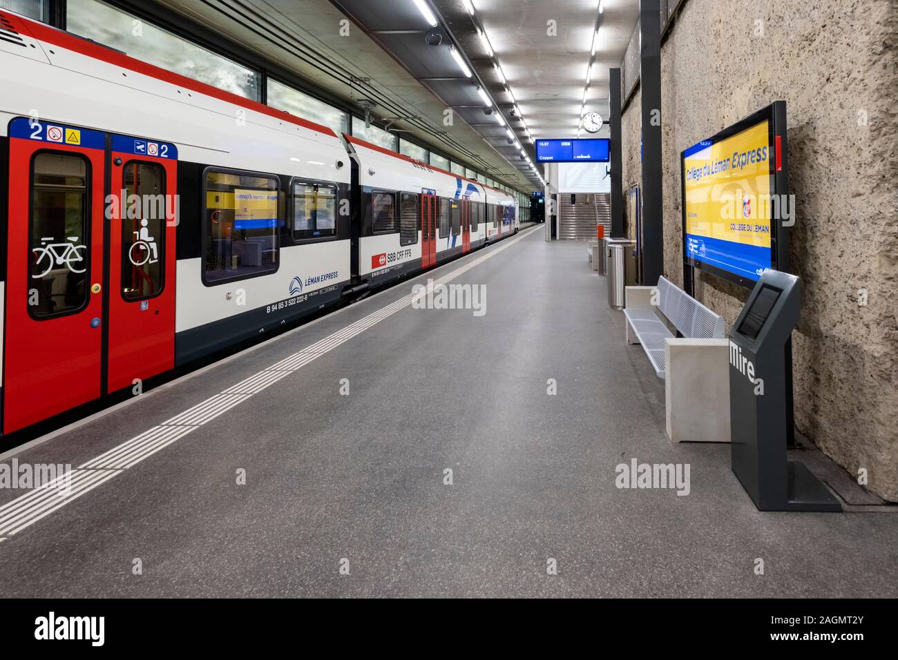 Geneva / Switzerland: a station of The Léman Express. A commuter rail network for the transborder agglomeration of Greater Geneva and the French Alps Stock Photo