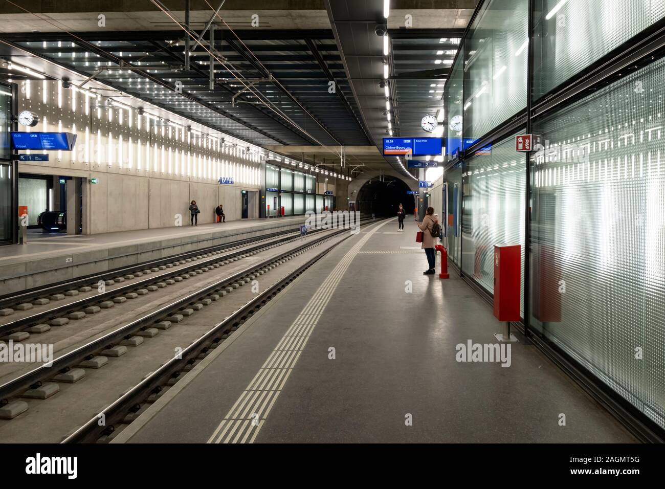 Geneva / Switzerland: a station of The Léman Express. A commuter rail ...