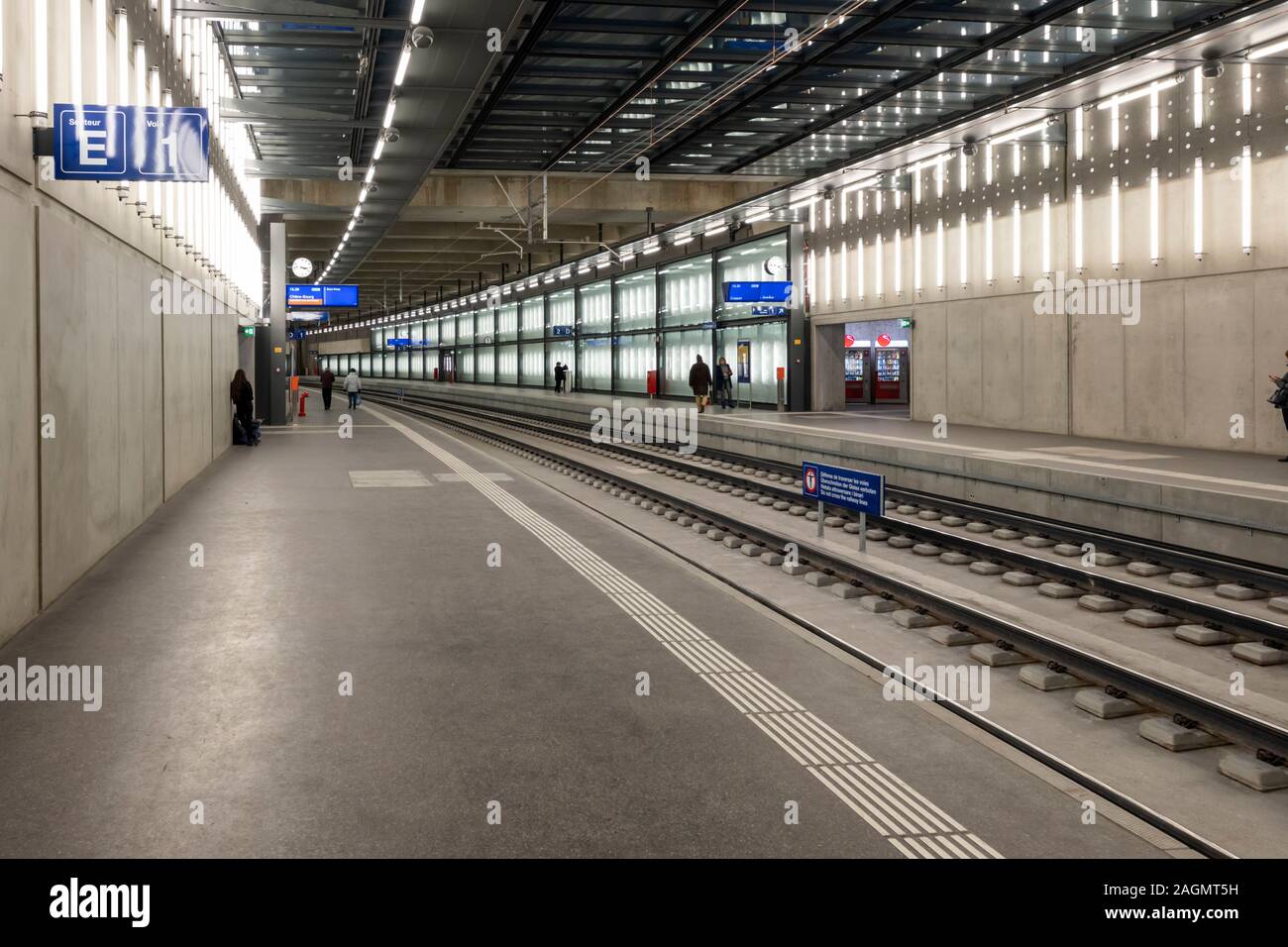 Geneva / Switzerland: a station of The Léman Express. A commuter rail network for the transborder agglomeration of Greater Geneva and the French Alps Stock Photo