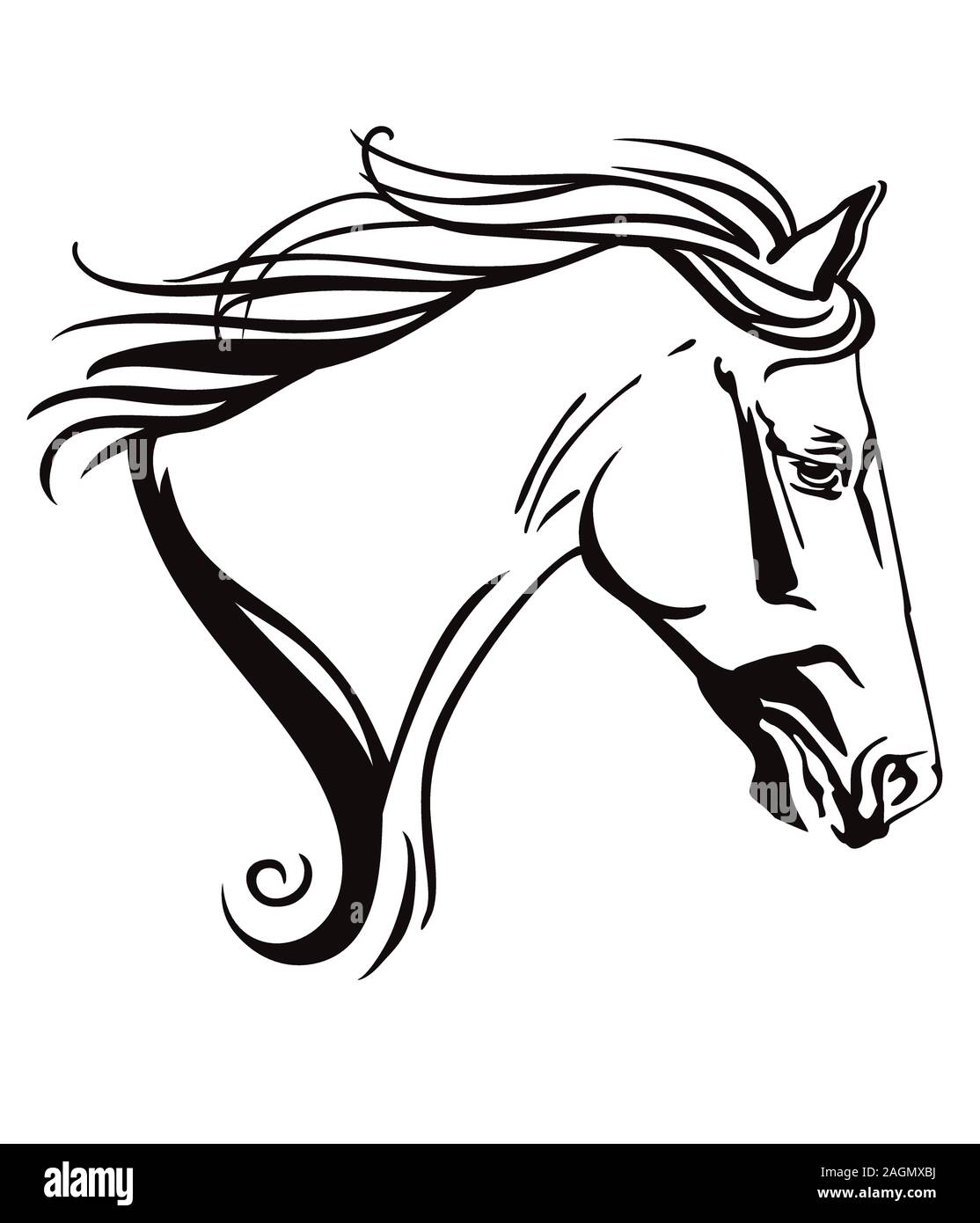 Decorative monochrome ornamental contour portrait of running horse with long mane, looking  in profile. Vector illustration in black color isolated on Stock Vector